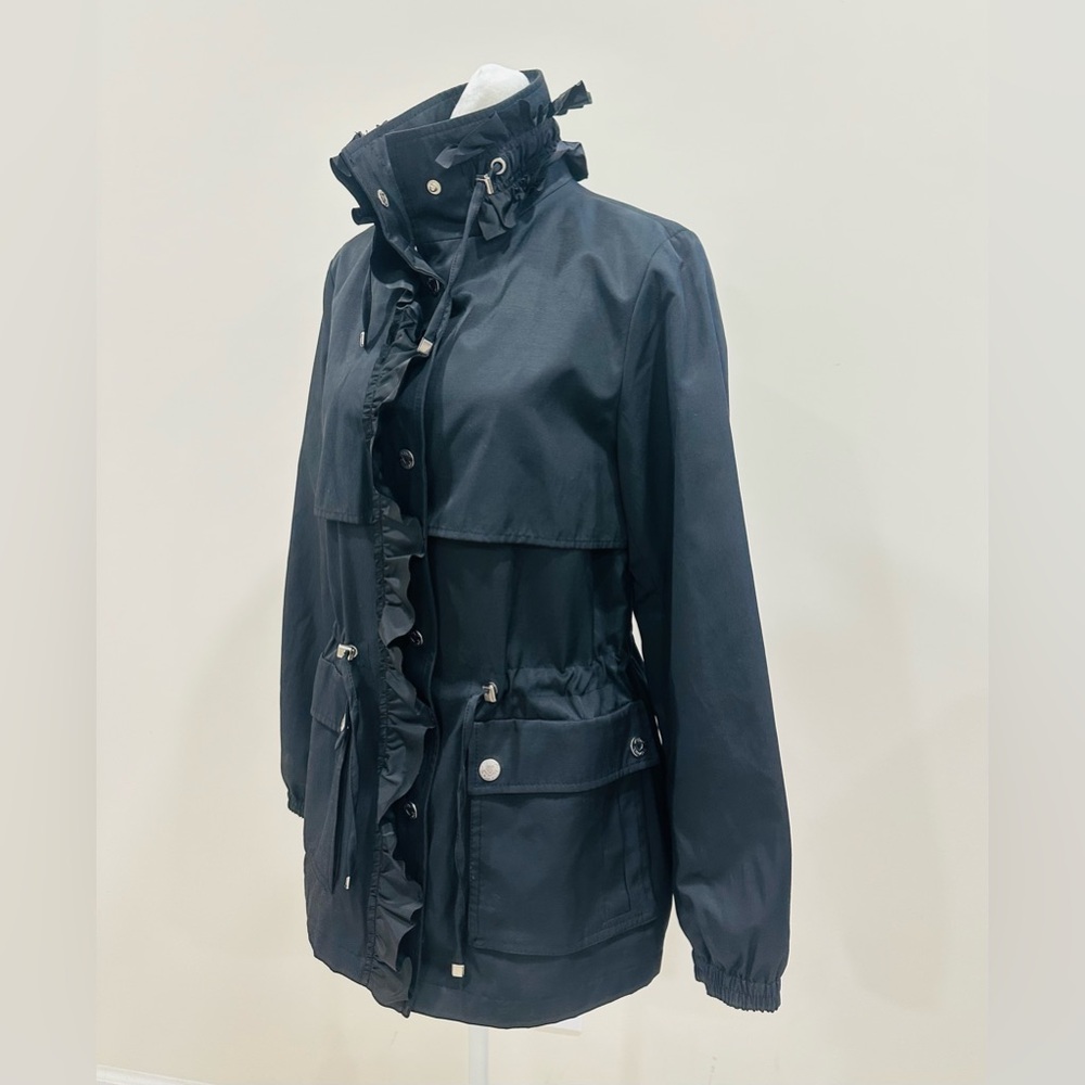 Betsy Johnson Women’s S Black Ruffle Trim Trench Coat Adjustable‎ Waist